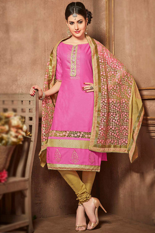 Embroidered Cotton Hot Pink Churidar Suit