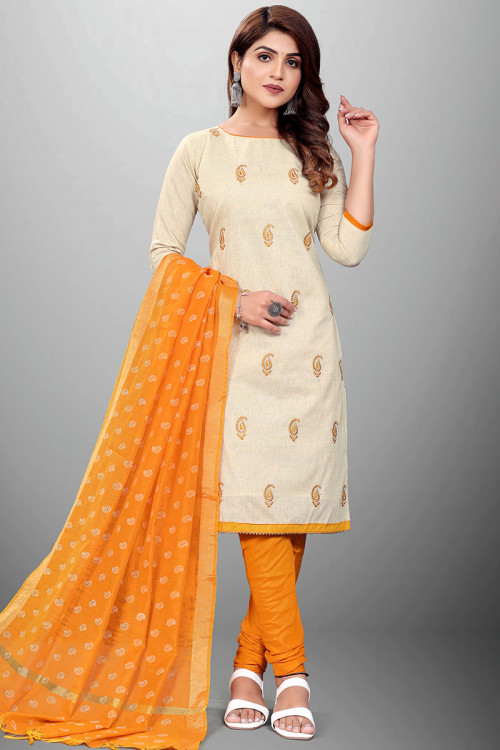 Embroidered Cotton Light Beige Casual Wear Churidar Suit