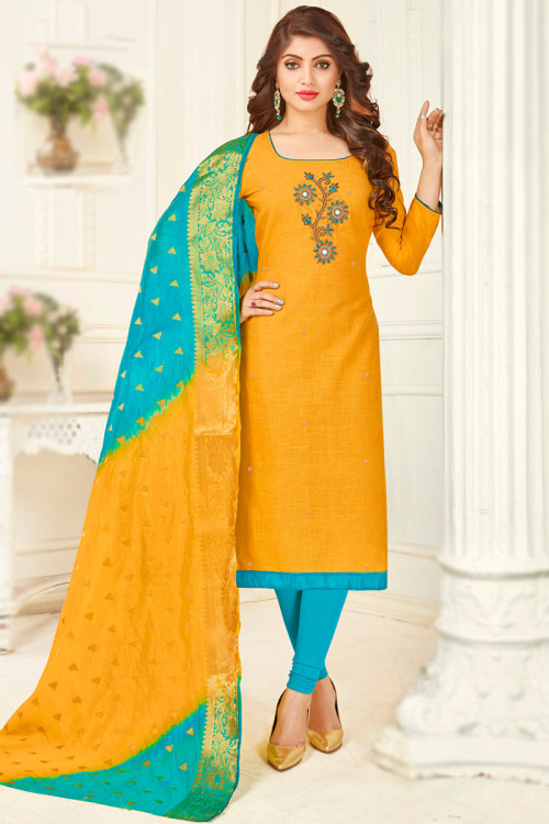Embroidered Cotton Mustard Yellow Suit