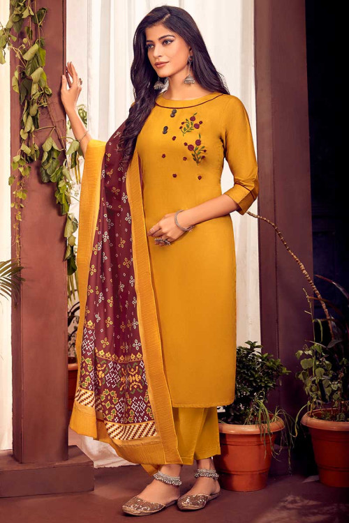 Embroidered Cotton Mustard Yellow Trouser Suit