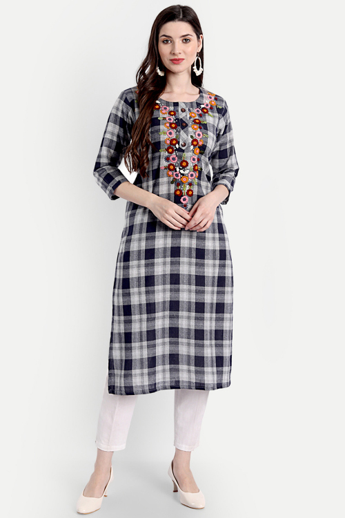 Embroidered Cotton Navy Blue Casual Wear Ready Made Kurti