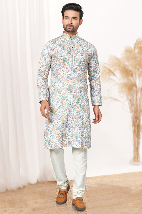 Embroidered Cotton Off-White Side Slit Men's Kurta Pajama 