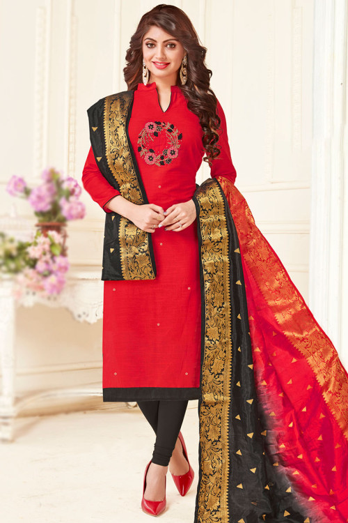 Embroidered Cotton Red Straight Cut Suit