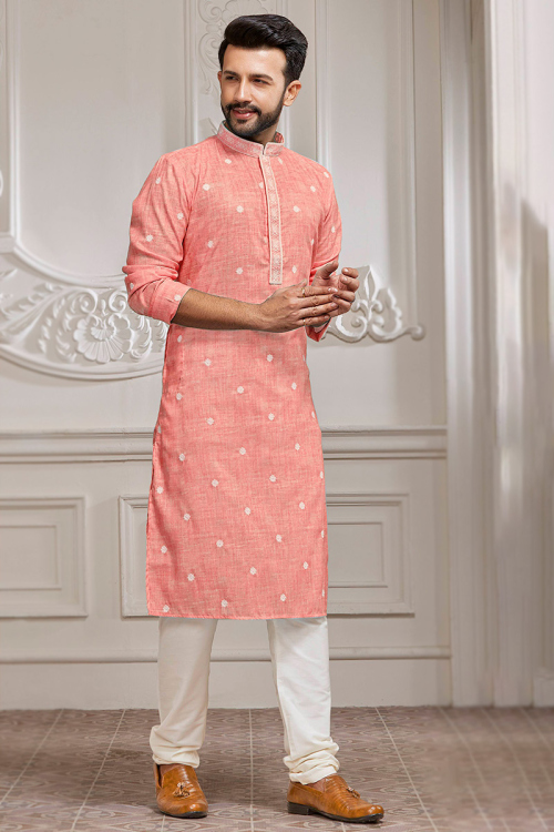 Embroidered Cotton Salmon Pink Side Slit Men's Kurta Churidar
