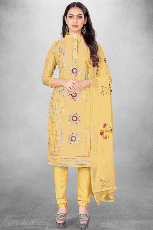 Embroidered Cotton Silk Pale Yellow Churidar Suit