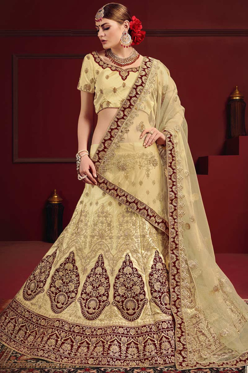 Embroidered Cream Beige Satin A-Line Lehenga