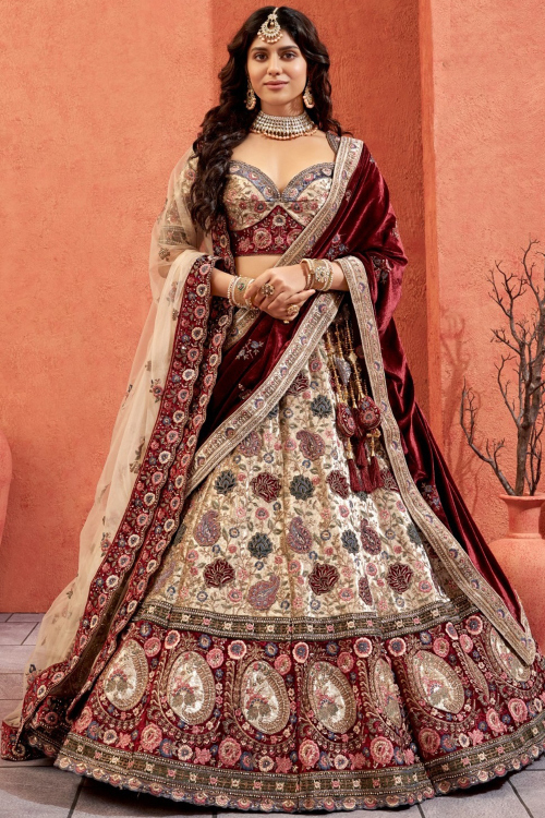 Embroidered Cream Beige Silk Blend Panelled Lehenga 