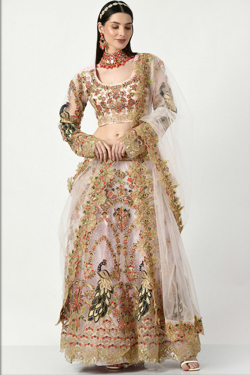 Embroidered Creamy Pink Net Party Wear Lehenga For Sangeet