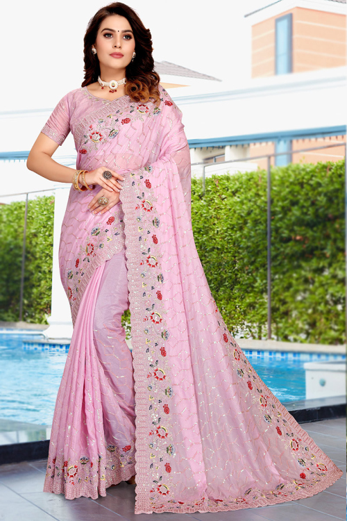 Embroidered Crepe Silk Lavender Pink Saree