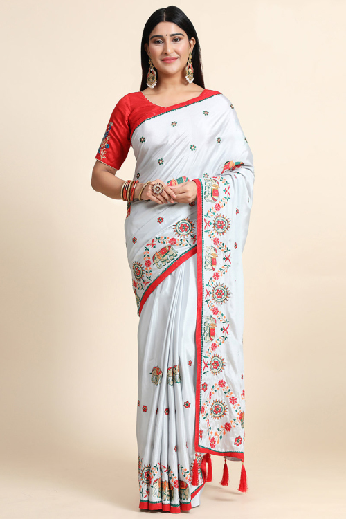 Embroidered Crepe Silk White Saree