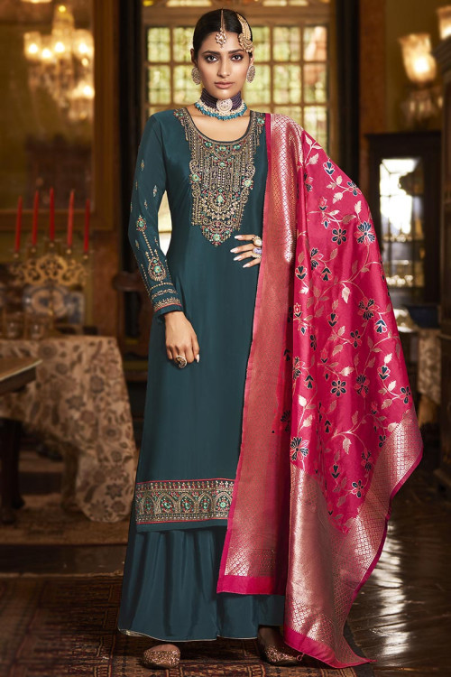 Embroidered Crepe Teal Blue Sharara Suit
