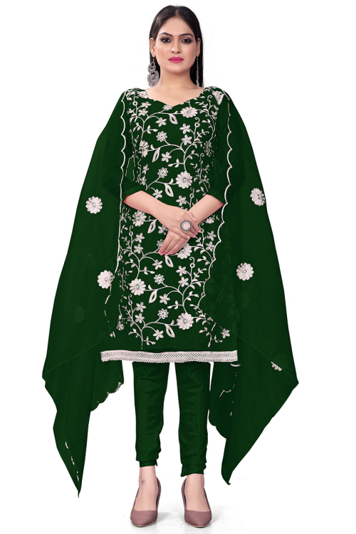 Embroidered Dark Green Casual Wear Organza Churidar Suit