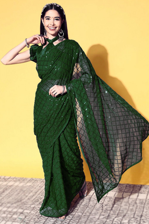 Silk dark green saree with minakari - G3-WSA53792 | G3fashion.com
