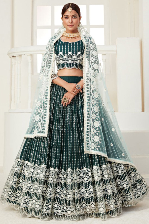 Embroidered Dark Green Net Indian Wedding Wear Lehenga