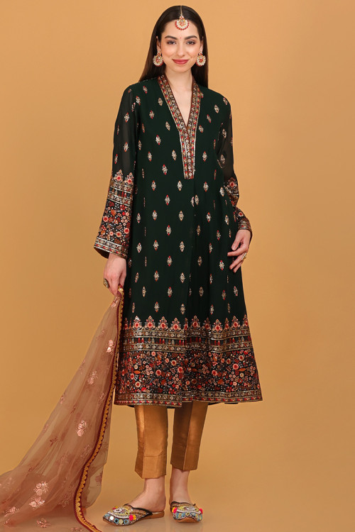 Embroidered Dark Green Trouser Suit in Georgette