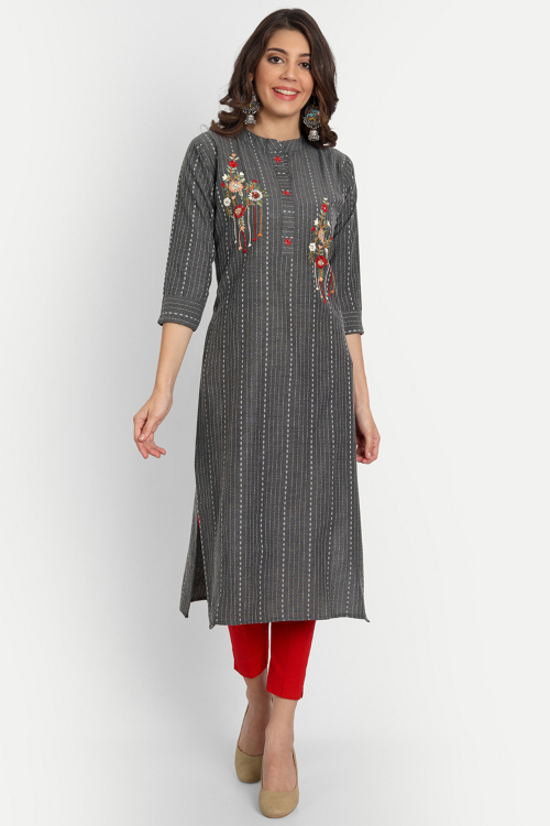 Embroidered Dark Grey Cotton Casual Wear Ready Made Kurti