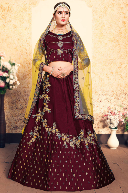 Embroidered Dark Maroon Satin Panelled Lehenga