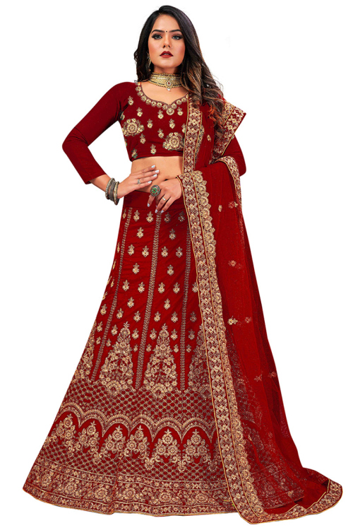 Embroidered Dark Maroon Velvet Lehenga