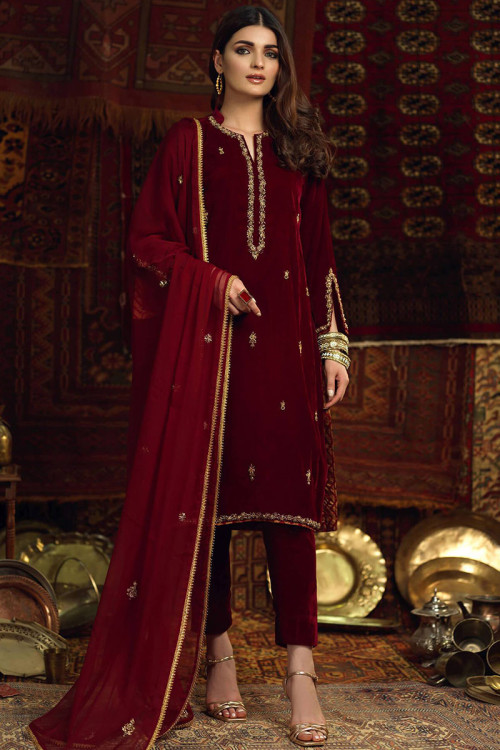 Brown Plus Size Velvet Indian Pakistani Palazzo Suit SFSTL22402