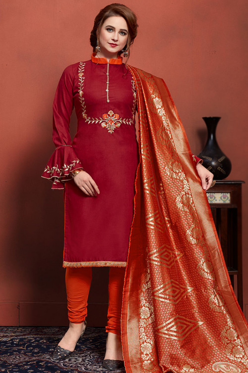 Embroidered Deep Red Cotton Straight Cut Churidar Suit 