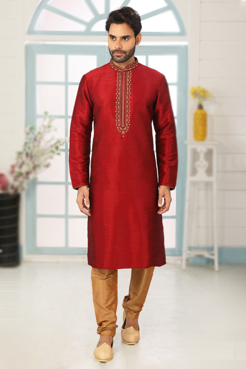 Embroidered Dupion Silk Dark Maroon Men's Kurta Churidar 
