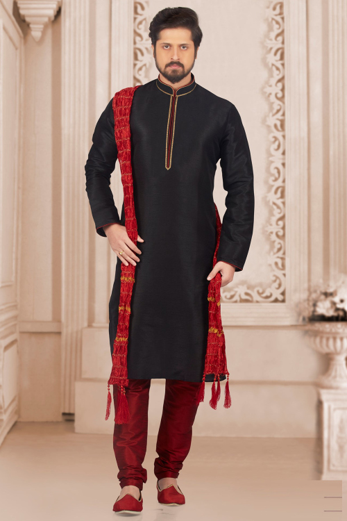 Embroidered Dupion Silk Men' Black Kurta Churidar