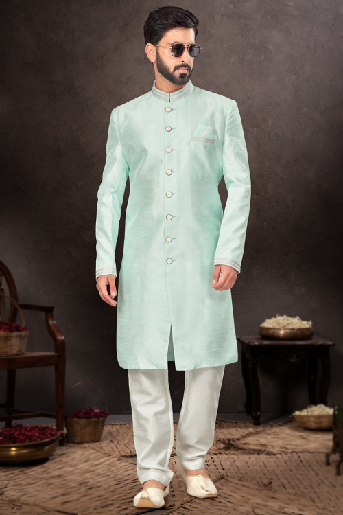 Embroidered Dupion Silk Straight Cut Men's Mint Green Sherwani