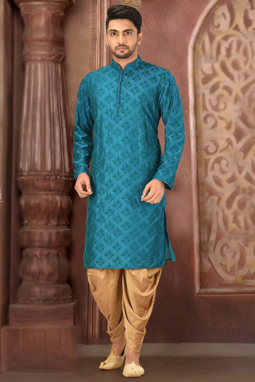 Embroidered Dupion Silk Teal Blue Men Kurta Pajama