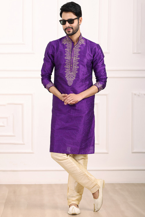 Buy Side Slit Purple Stone Work Kurta Pajama Online for Men in USA