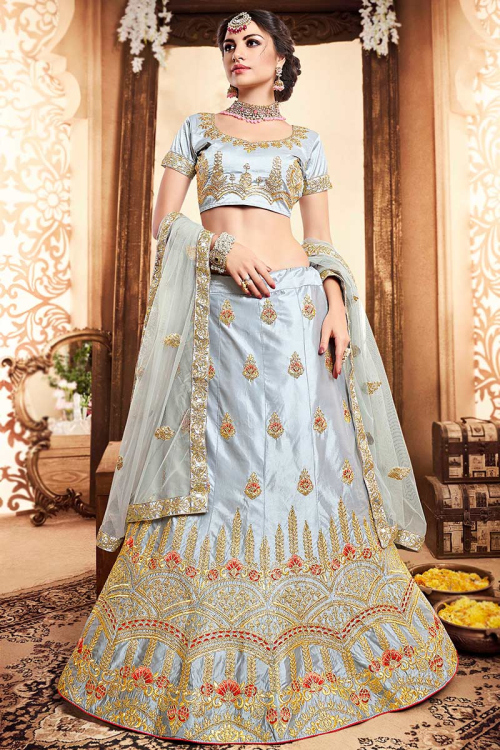 Embroidered Dusty Blue Satin A-Line Lehenga