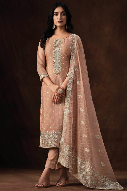 Embroidered Dusty Mauve Organza Trouser Suit For Sangeet 