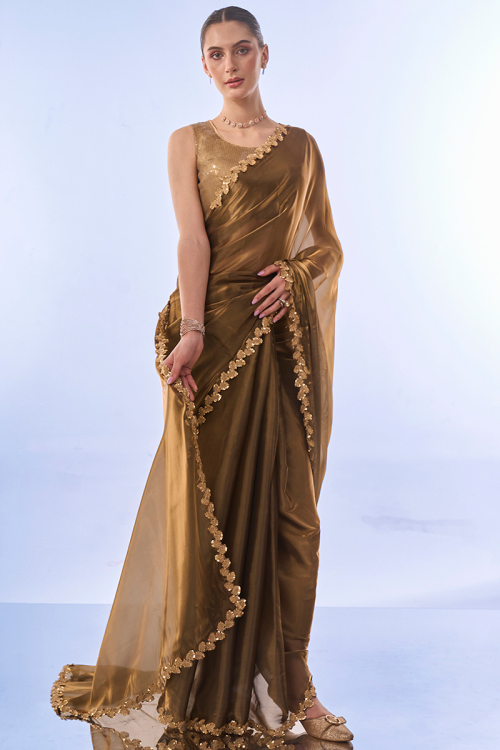 Embroidered Dusty Orange Light Weight Organza Saree