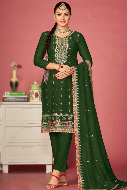 Embroidered Forest Green Silk Straight Cut Trouser Suit 