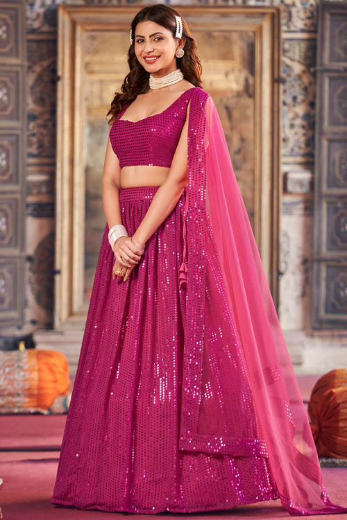 Embroidered Georgette A Line Magenta Pink Lehenga 