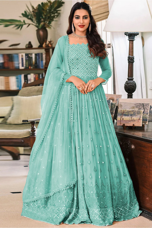 Powder Blue Wedding Wear Mirror Work Eid Anarkali Suit in Georgette