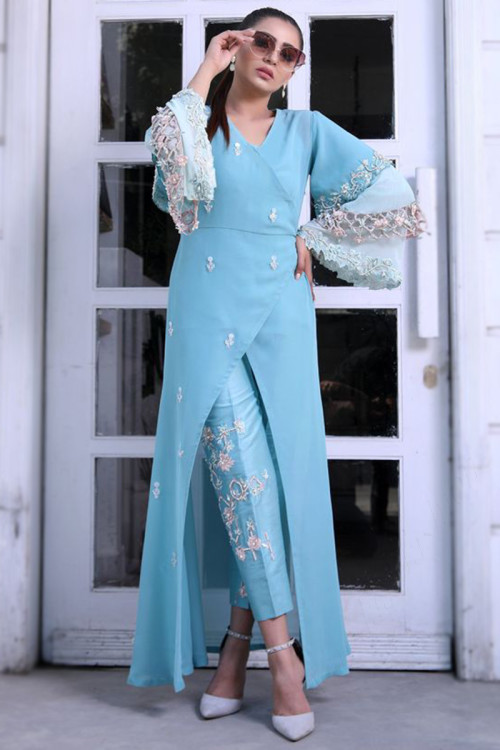 Embroidered Georgette Baby Blue Indo-Western Trouser Suit