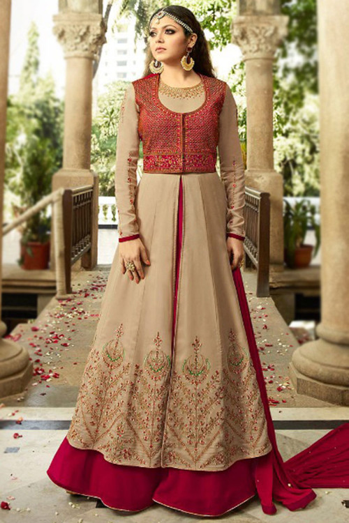 Buy Anarkali Gown Beige Semi Stitched Punjabi Wedding Clothing