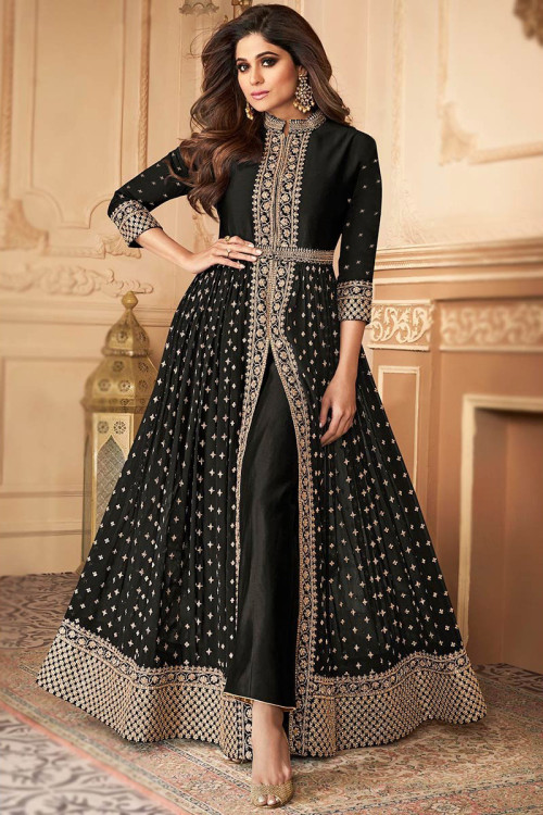 Party Wear Zari Embroidered Black Anarkali Suit in Georgette