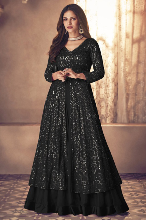 Long Choli Lehenga in Georgette Black for Party 