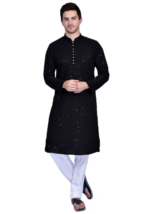 Embroidered Georgette Black Men's Kurta Pajama