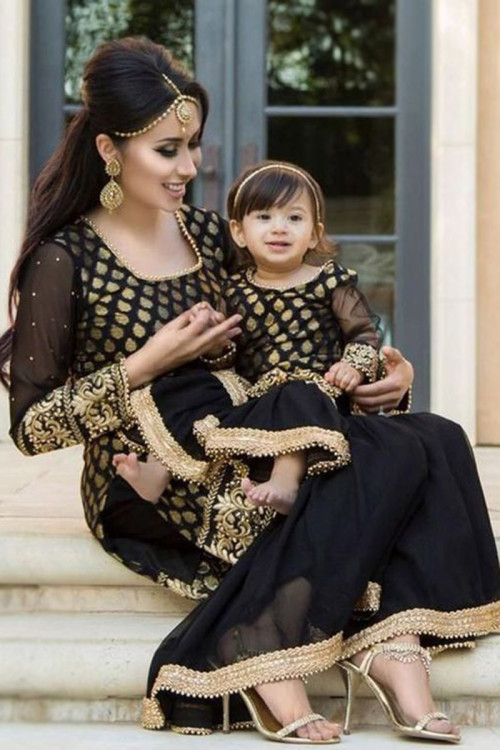 Embroidered Georgette Black Mother Daughter Duo Sharara Suit