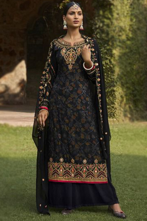 Embroidered Georgette Black Wedding Wear Palazzo Salwar Kameez