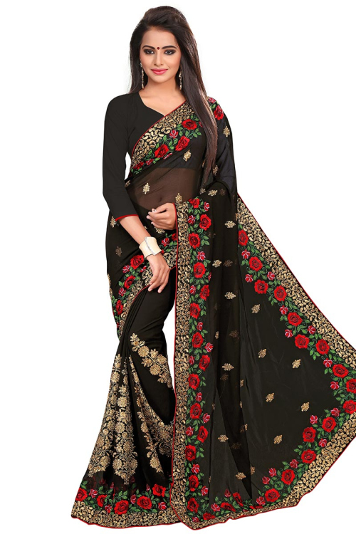 Georgette Black Wedding Saree with Zari Embroidery
