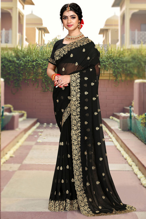 Black Georgette Saree for Party Wear with Zari embroidery