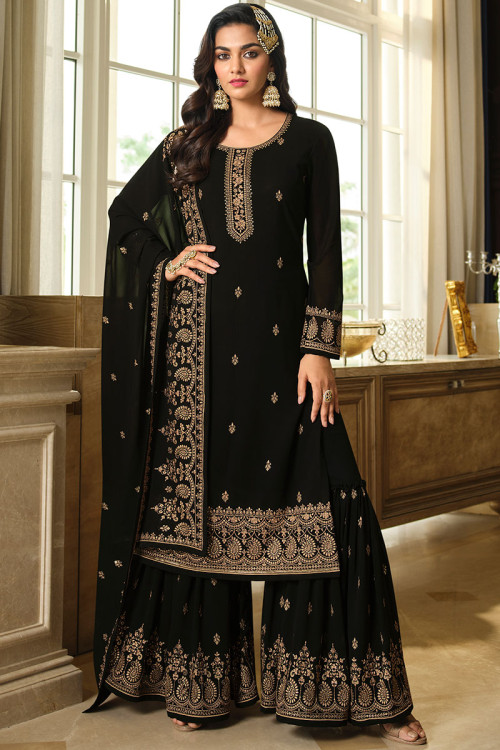 Georgette Black Zari Embroidered Sharara Suit for Wedding 