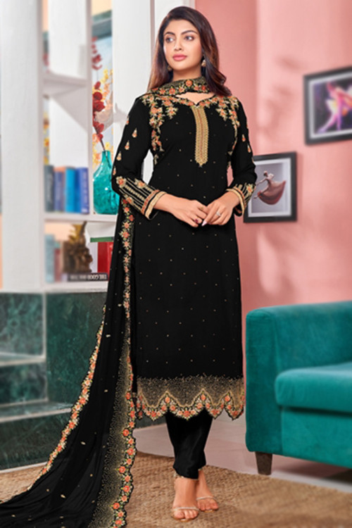 Zari Work Black Trouser Suit in Georgette for Party 