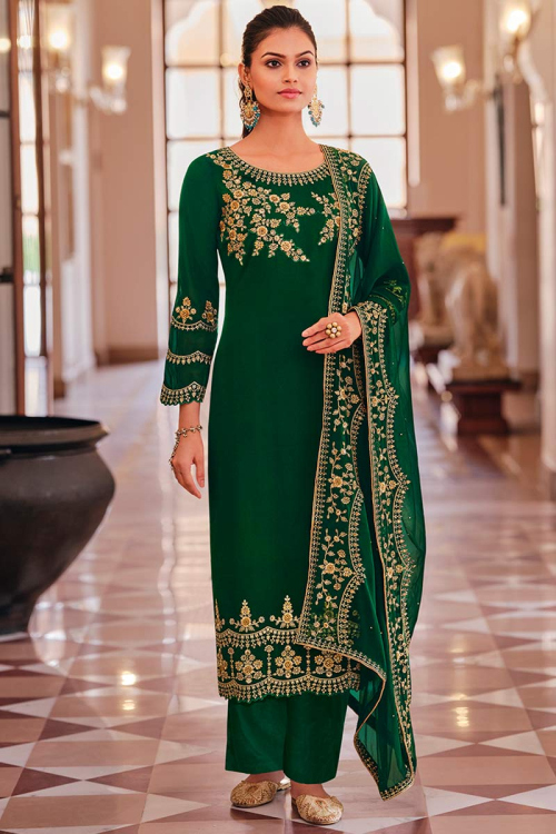 Embroidered Georgette Bottle Green Trouser for Eid Party Wear Salwar Kameez
