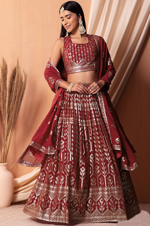 Embroidered Georgette Brick Red A-Line Lehenga