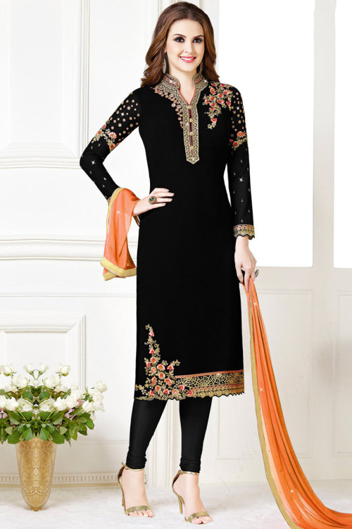 Embroidered Georgette Churidar Suit In Black Colour