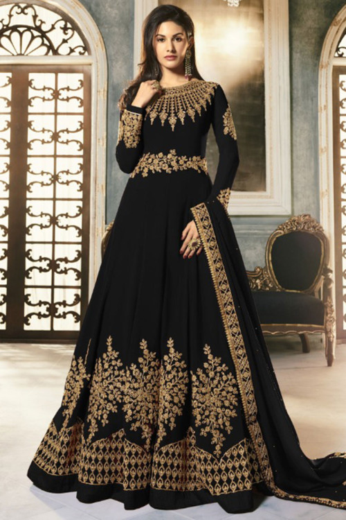 Embroidered Georgette Dark Black Eid Anarkali Suit with Churidar